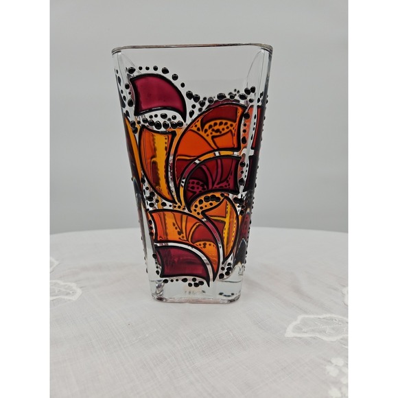 Handpainted German Stainglass Style Vase Black Orange And Maroon On Clear Glass - Picture 2 of 10